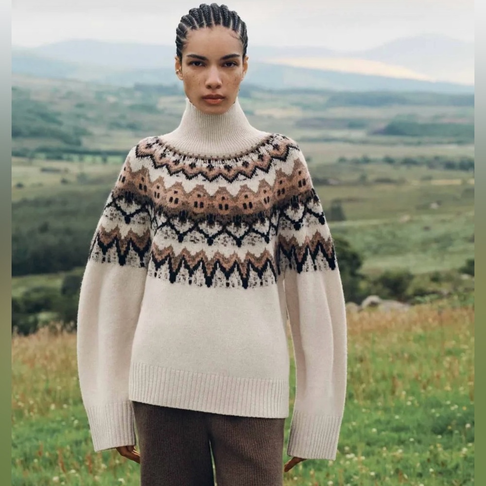 VTG Norwegian Turtleneck Knit fair isle Sweater -Creme-Brown-Beige-EUC-SzM🤎